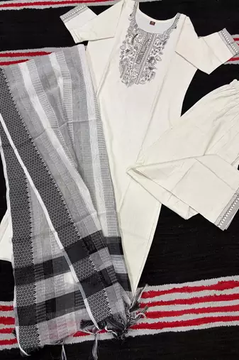Premium khadi cotton fabric embroidery work kurta set with dupatta
