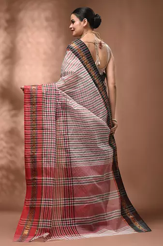 White bengal tant pure cotton saree with zari border