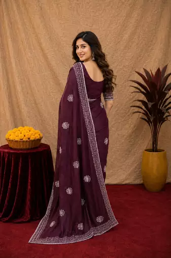 Wine soft shimmer chiffon embroidery work saree with unstitched blouse piece