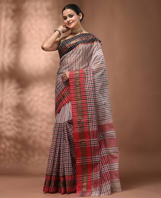 White bengal tant pure cotton saree with zari border 3
