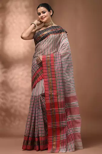 White bengal tant pure cotton saree with zari border