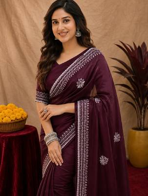Wine soft shimmer chiffon embroidery work saree with unstitched blouse piece 5