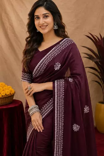 Wine soft shimmer chiffon embroidery work saree with unstitched blouse piece