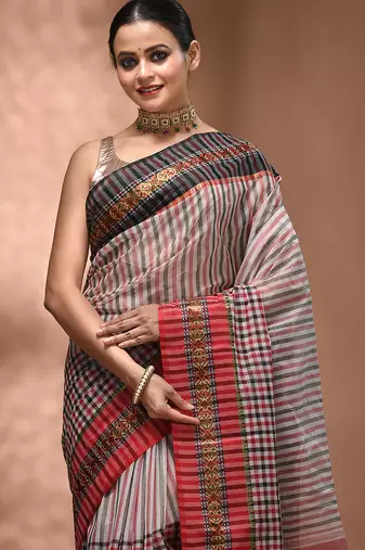 White bengal tant pure cotton saree with zari border