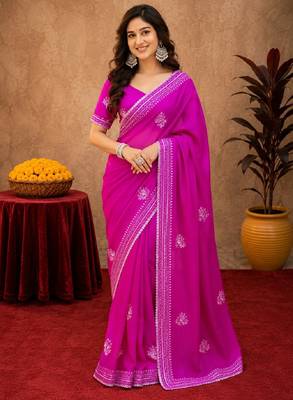 Rani pink soft shimmer chiffon embroidery work saree with unstitched blouse piece 1