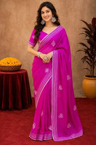 Rani pink soft shimmer chiffon embroidery work saree with unstitched blouse piece