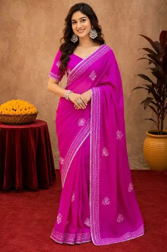 Rani pink soft shimmer chiffon embroidery work saree with unstitched blouse piece