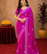 Rani pink soft shimmer chiffon embroidery work saree with unstitched blouse piece