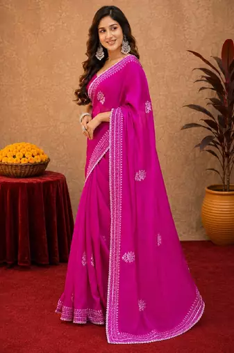 Rani pink soft shimmer chiffon embroidery work saree with unstitched blouse piece