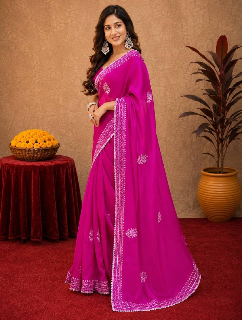 Rani pink soft shimmer chiffon embroidery work saree with unstitched blouse piece
