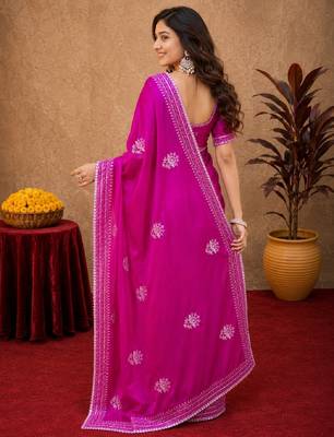 Rani pink soft shimmer chiffon embroidery work saree with unstitched blouse piece 3
