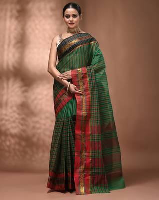 Green bengal tant pure cotton saree with zari border 1