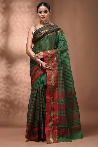 Green bengal tant pure cotton saree with zari border