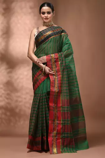 Green bengal tant pure cotton saree with zari border