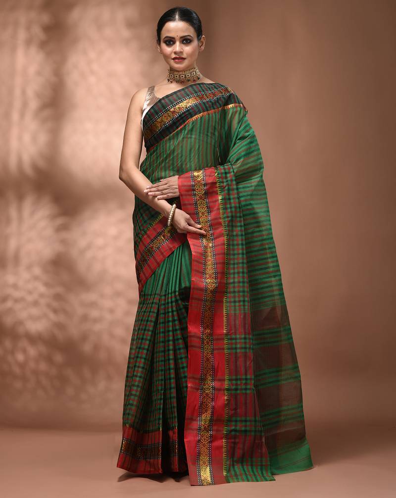 Green bengal tant pure cotton saree with zari border