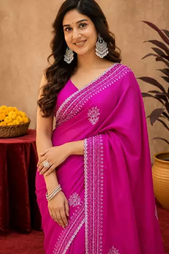 Rani pink soft shimmer chiffon embroidery work saree with unstitched blouse piece