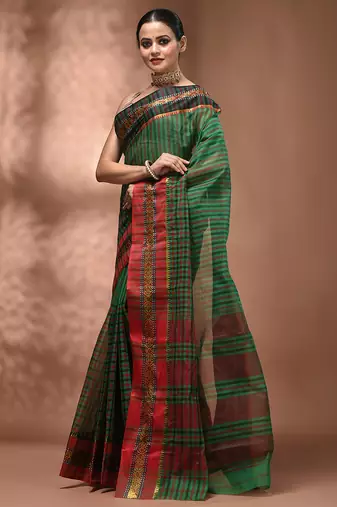 Green bengal tant pure cotton saree with zari border