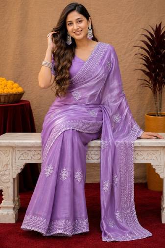 Lavender soft shimmer chiffon embroidery work saree with unstitched blouse piece
