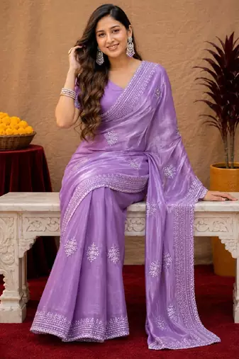 Lavender soft shimmer chiffon embroidery work saree with unstitched blouse piece