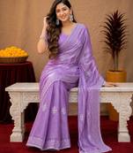 Lavender soft shimmer chiffon embroidery work saree with unstitched blouse piece