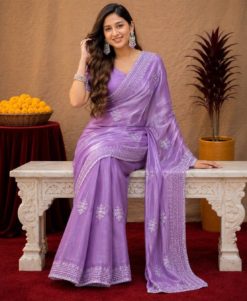 Lavender soft shimmer chiffon embroidery work saree with unstitched blouse piece