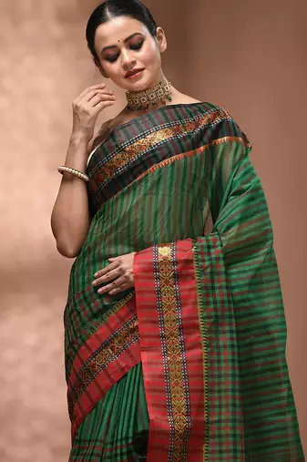 Green bengal tant pure cotton saree with zari border