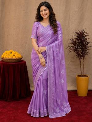 Lavender soft shimmer chiffon embroidery work saree with unstitched blouse piece 2