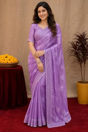 Lavender soft shimmer chiffon embroidery work saree with unstitched blouse piece