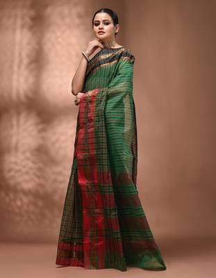 Green bengal tant pure cotton saree with zari border 5