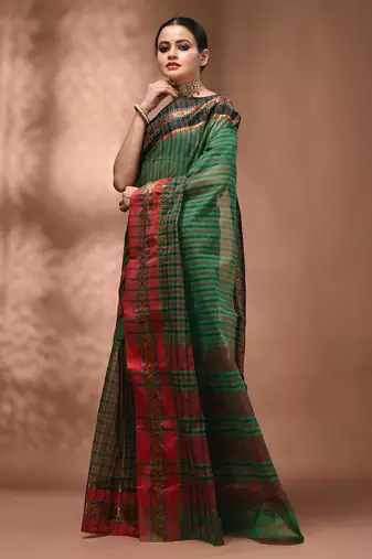 Green bengal tant pure cotton saree with zari border