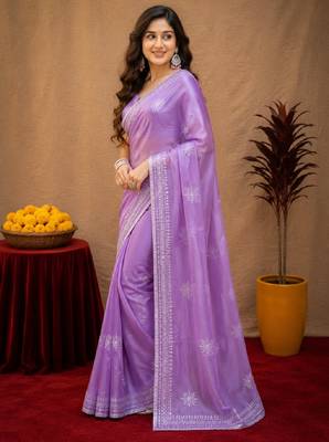 Lavender soft shimmer chiffon embroidery work saree with unstitched blouse piece 3