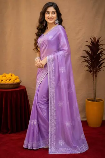 Lavender soft shimmer chiffon embroidery work saree with unstitched blouse piece