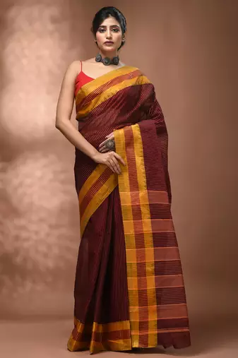 Maroon bengal tant pure cotton saree with yellow border