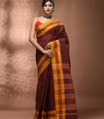 Maroon bengal tant pure cotton saree with yellow border