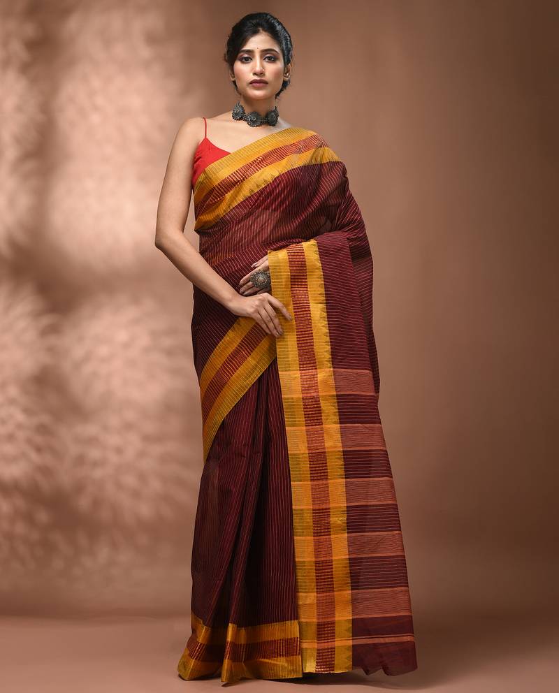 Maroon bengal tant pure cotton saree with yellow border