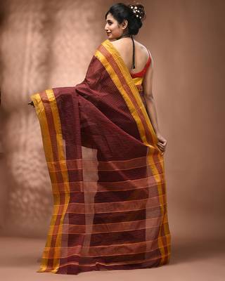 Maroon bengal tant pure cotton saree with yellow border 2