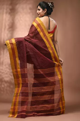 Maroon bengal tant pure cotton saree with yellow border