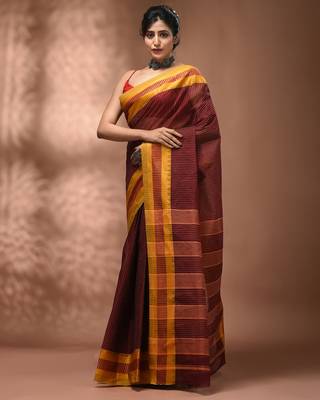 Maroon bengal tant pure cotton saree with yellow border 3