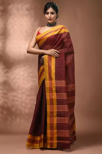 Maroon bengal tant pure cotton saree with yellow border