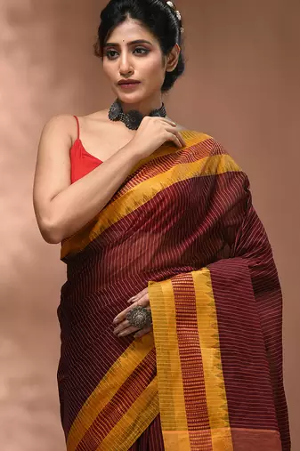 Maroon bengal tant pure cotton saree with yellow border