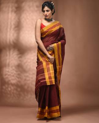 Maroon bengal tant pure cotton saree with yellow border 5