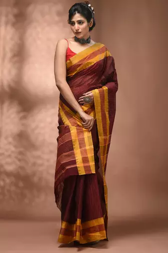 Maroon bengal tant pure cotton saree with yellow border