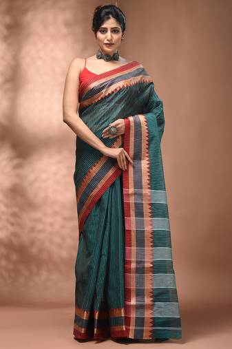 Teal bengal tant pure cotton saree with red border
