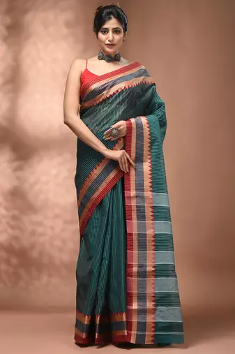 Teal bengal tant pure cotton saree with red border