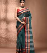 Teal bengal tant pure cotton saree with red border