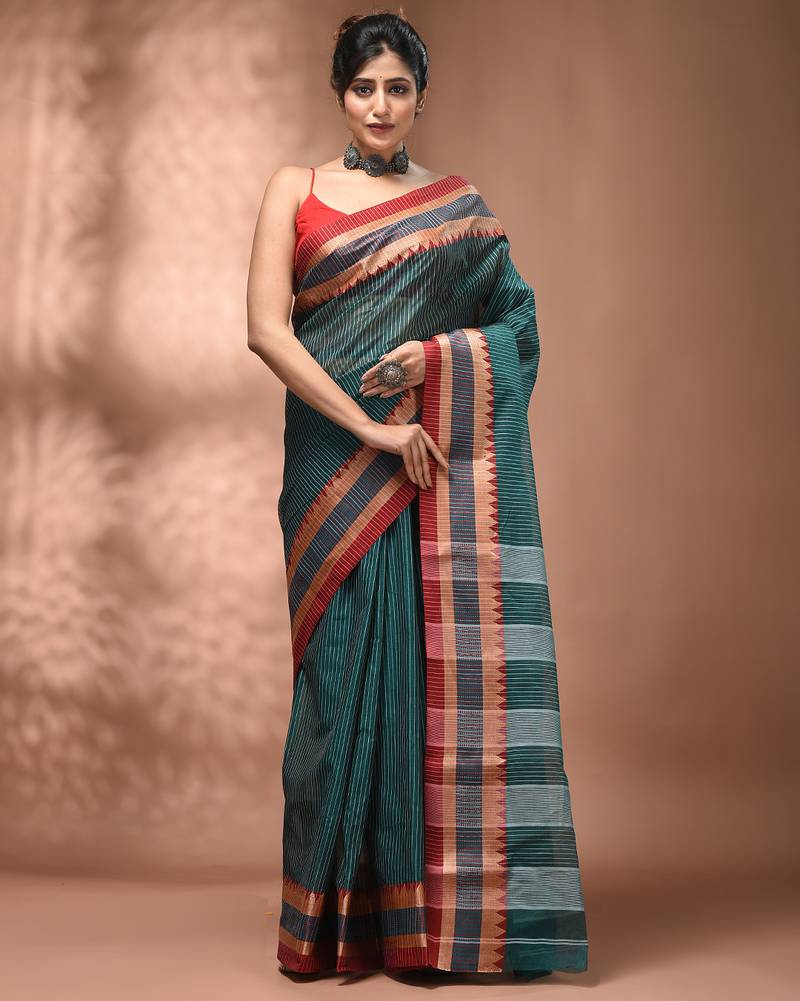 Teal bengal tant pure cotton saree with red border