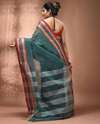 Teal bengal tant pure cotton saree with red border 2
