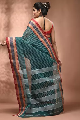 Teal bengal tant pure cotton saree with red border