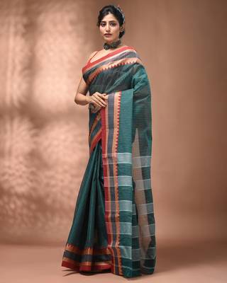 Teal bengal tant pure cotton saree with red border 3