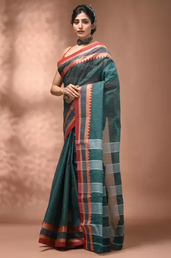 Teal bengal tant pure cotton saree with red border
